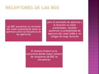 Las BDZ aumentan la corriente
del canal aumentando tanto la
apertura como la frecuencia de
las aperturas
pero el promedio de apertura y
la duración no están
aumentados, también
aumentan la probabilidad de
apertura del canal GABA A en
ráfagas de larga duración
El sistema límbico es la
estructura donde mayor número
de receptores de BDZ se
encuentran
 
