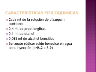  Cada ml de la solución de diazepam
contiene:
 0,4 ml de propilenglicol
 0,1 ml de etanol
 0,015 ml de alcohol bencílico
 Benzoato sódico/acido benzoico en agua
para inyección (pH6,2 a 6,9)
 