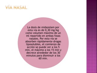 La dosis de midazolam por
esta vía es de 0,30 mg/kg
como volumen máximo de un
ml repartido en ambas fosas
nasales. Por esta vía se
absorben rápidamente drogas
liposolubles, el comienzo de
acción se puede ver a los 5
min, el máximo a los 15 min y
decrece alrededor de los 30
minutos para disminuir a los
60 min.
 