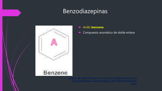 Benzodiazepinas
 Anillo benceno
 Compuesto aromático de doble enlace
Cooper JR. Floyd E. Bloom R. et al. The Complete Story of the
Benzodiazepines. Seventh Edition, USA: Oxford University
Press
 