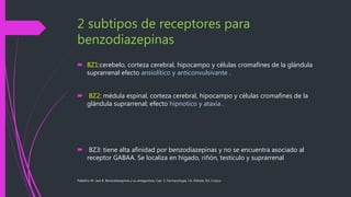 2 subtipos de receptores para
benzodiazepinas
 BZ1:cerebelo, corteza cerebral, hipocampo y células cromafines de la glándula
suprarrenal efecto ansiolítico y anticonvulsivante .
 BZ2: médula espinal, corteza cerebral, hipocampo y células cromafines de la
glándula suprarrenal; efecto hipnotico y ataxia .
 BZ3: tiene alta afinidad por benzodiazepinas y no se encuentra asociado al
receptor GABAA. Se localiza en hígado, riñón, testículo y suprarrenal
Paladino M. Jara R. Benzodiazepinas y su antagonista. Cap. 5, Farmacología, J.A. Aldrete, Ed. Corpus
 