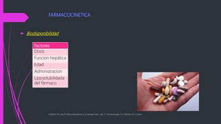  Biodisponibilidad
Paladino M. Jara R. Benzodiazepinas y su antagonista. Cap. 5, Farmacología, J.A. Aldrete, Ed. Corpus
Factores
Dosis
Funcion hepática
Edad
Administracion
Liposolubilidada
del fármaco
 
