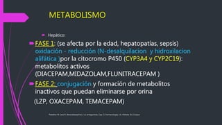 METABOLISMO
 Hepático:
Paladino M. Jara R. Benzodiazepinas y su antagonista. Cap. 5, Farmacología, J.A. Aldrete, Ed. Corpus
FASE 1: (se afecta por la edad, hepatopatías, sepsis)
oxidación - reducción (N-desalquilacion y hidroxilacion
alifática )por la citocromo P450 (CYP3A4 y CYP2C19):
metabolitos activos
(DIACEPAM,MIDAZOLAM,FLUNITRACEPAM )
FASE 2: conjugación y formación de metabolitos
inactivos que puedan eliminarse por orina
(LZP, OXACEPAM, TEMACEPAM)
 