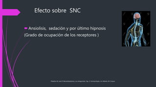 Efecto sobre SNC
Ansiolisis, sedación y por último hipnosis
(Grado de ocupación de los receptores )
Paladino M. Jara R. Benzodiazepinas y su antagonista. Cap. 5, Farmacología, J.A. Aldrete, Ed. Corpus
 
