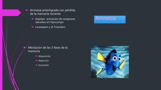  Amnesia anterógrada con pérdida
de la memoria reciente
 Impiden activación de receptores
ubicados en hipocampo
 Lorazepam y el Triazolam
 Afectación de las 3 fases de la
memoria
 Adquisición
 Retención
 Evocación
Amnesia
 