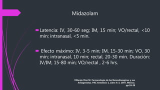 Midazolam
Latencia: IV, 30-60 seg; IM, 15 min; VO/rectal, <10
min; intranasal, <5 min.
 Efecto máximo: IV, 3-5 min; IM, 15-30 min; VO, 30
min; intranasal, 10 min; rectal, 20-30 min. Duración:
IV/IM, 15-80 min; VO/rectal , 2-6 hrs.
Villarejo Diaz M. Farmacología de las Benzodiazepinas y sus
Antagonistas. PAC Anestesia-1, Libro A-3, 1997, México.
pp.18-28
 