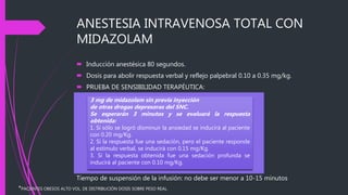 ANESTESIA INTRAVENOSA TOTAL CON
MIDAZOLAM
 Inducción anestésica 80 segundos.
 Dosis para abolir respuesta verbal y reflejo palpebral 0.10 a 0.35 mg/kg.
 PRUEBA DE SENSIBILIDAD TERAPÉUTICA:
3 mg de midazolam sin previa inyección
de otras drogas depresoras del SNC.
Se esperarán 3 minutos y se evaluará la respuesta
obtenida:
1. Si sólo se logró disminuir la ansiedad se inducirá al paciente
con 0.20 mg/Kg.
2. Si la respuesta fue una sedación, pero el paciente responde
al estímulo verbal, se inducirá con 0.15 mg/Kg.
3. Si la respuesta obtenida fue una sedación profunda se
inducirá al paciente con 0.10 mg/Kg.
*PACIENTES OBESOS ALTO VOL. DE DISTRIBUCIÓN DOSIS SOBRE PESO REAL.
Tiempo de suspensión de la infusión: no debe ser menor a 10-15 minutos
 