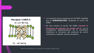  La ocupación de los receptores por las BDZ, impediría
que la GABAMODULINA, bloqueara la acción del
GABA.
 De esta manera, la acción del GABA aumenta la
frecuencia de apertura de canales de Cl- con la
consiguiente hiperpolarización de la membrana,
inhibiendo la formación del potencial de acción
,refractaria a cualquier impulso excitatorio .
Paladino M. Jara R. Benzodiazepinas y su antagonista. Cap. 5, Farmacología, J.A. Aldrete, Ed. Corpus
 