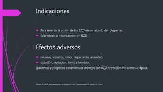 Indicaciones
 Para revertir la acción de las BZD en un retardo del despertar.
 Sobredosis o intoxicación con BZD.
 náuseas, vómitos, rubor, taquicardia, ansiedad,
 sudación, agitación, llanto y temblor.
(pacientes epilépticos tratamientos crónicos con BZD, inyección intravenosa rápida.)
Paladino M. Jara R. Benzodiazepinas y su antagonista. Cap. 5, Farmacología, J.A. Aldrete, Ed. Corpus
Efectos adversos
 