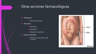 Otras acciones farmacológicas
 Embarazo
 Depresión del útero
 Neonato
 Hipotonía,
 Hipotermia
 Depresión respiratoria
 Gastrointestinal
 Depresión de secreción acida
nocturna
 