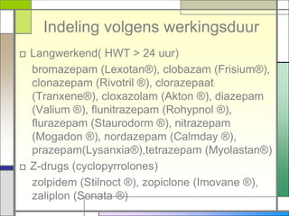 Indeling volgens werkingsduur
□ Langwerkend( HWT > 24 uur)
  bromazepam (Lexotan®), clobazam (Frisium®),
  clonazepam (Rivotril ®), clorazepaat
  (Tranxene®), cloxazolam (Akton ®), diazepam
  (Valium ®), flunitrazepam (Rohypnol ®),
  flurazepam (Staurodorm ®), nitrazepam
  (Mogadon ®), nordazepam (Calmday ®),
  prazepam(Lysanxia®),tetrazepam (Myolastan®)
□ Z-drugs (cyclopyrrolones)
  zolpidem (Stilnoct ®), zopiclone (Imovane ®),
  zaliplon (Sonata ®)
 