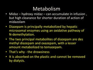 Metabolism
• Midaz – hydroxy midaz – can accumulate in infusion ,
but high clearance for shorter duration of action of
midazolam
• Diazepam is principally metabolized by hepatic
microsomal enzymes using an oxidative pathway of
N-demethylation.
• The two principal metabolites of diazepam are des
methyl diazepam and oxazepam, with a lesser
amount metabolized to temazepam.
• That’s why - the drowsiness
• It is absorbed on the plastic and cannot be removed
by dialysis.
 