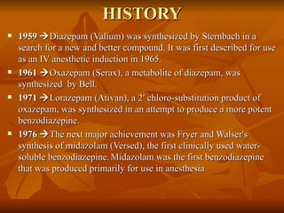 HISTORY 1959   Diazepam (Valium) was synthesized by Sternbach in a search for a new and better compound. It was first described for use as an IV anesthetic induction in 1965.  1961   Oxazepam (Serax), a metabolite of diazepam, was synthesized  by Bell.  1971   Lorazepam (Ativan), a 2′ chloro-substitution product of oxazepam, was synthesized in an attempt to produce a more potent benzodiazepine.  1976   The next major achievement was Fryer and Walser's synthesis of midazolam (Versed), the first clinically used water-soluble benzodiazepine.   Midazolam was the first benzodiazepine that was produced primarily for use in anesthesia 
