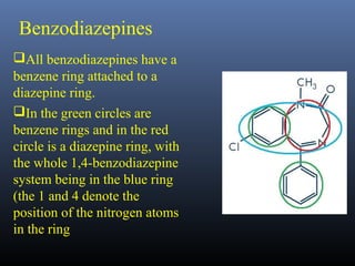 Benzodiazepines 
All benzodiazepines have a 
benzene ring attached to a 
diazepine ring. 
In the green circles are 
benzene rings and in the red 
circle is a diazepine ring, with 
the whole 1,4-benzodiazepine 
system being in the blue ring 
(the 1 and 4 denote the 
position of the nitrogen atoms 
in the ring 
 