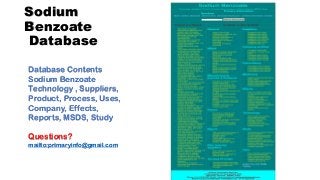 Sodium
Benzoate
Database
Database Contents
Sodium Benzoate
Technology , Suppliers,
Product, Process, Uses,
Company, Effects,
Reports, MSDS, Study
Questions?
mailto:primaryinfo@gmail.com
 