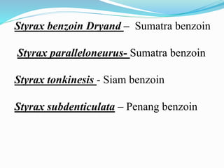 Styrax benzoin Dryand – Sumatra benzoin
Styrax paralleloneurus- Sumatra benzoin
Styrax tonkinesis - Siam benzoin
Styrax subdenticulata – Penang benzoin
 