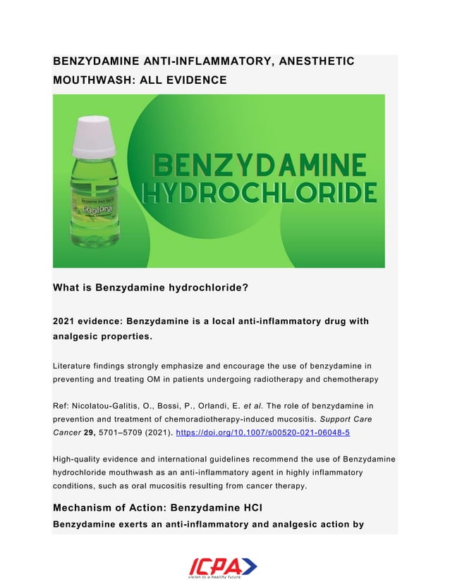 Benzydamine antiinflammatory, anesthetic mouthwash all evidence ICPA Health Products Ltd PDF