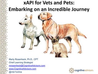xAPI for Vets and Pets:
Embarking on an Incredible Journey
4/19/2012
Marty Rosenheck, Ph.D., CPT
Chief Learning Strategist
mrosenheck@CognitiveAdvisors.com
www.CognitiveAdvisors.com
@mbr1online
 
