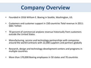 Company Overview
• Founded in 1916 William E. Boeing in Seattle, Washington, US.

• Customers and customer support in 150 countries Total revenue in 2011:
  $68.7 billion

• 70 percent of commercial airplane revenue historically from customers
  outside the United States

• Manufacturing, service and technology partnerships with companies
  around the world Contracts with 22,000 suppliers and partners globally

• Research, design and technology-development centers and programs in
  multiple countries

• More than 170,000 Boeing employees in 50 states and 70 countries
 