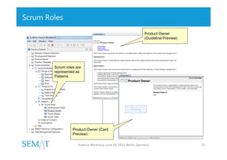 Scrum Roles
Product Owner
(Guideline Preview)

Scrum roles are
represented as
Patterns

Product Owner (Card
Preview)
Essence Workshop June 20, 2013. Berlin, Germany

20

 