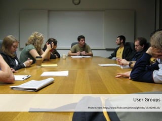 User Groups
Photo Credit: http://www.flickr.com/photos/ghindo/1739299123/
 