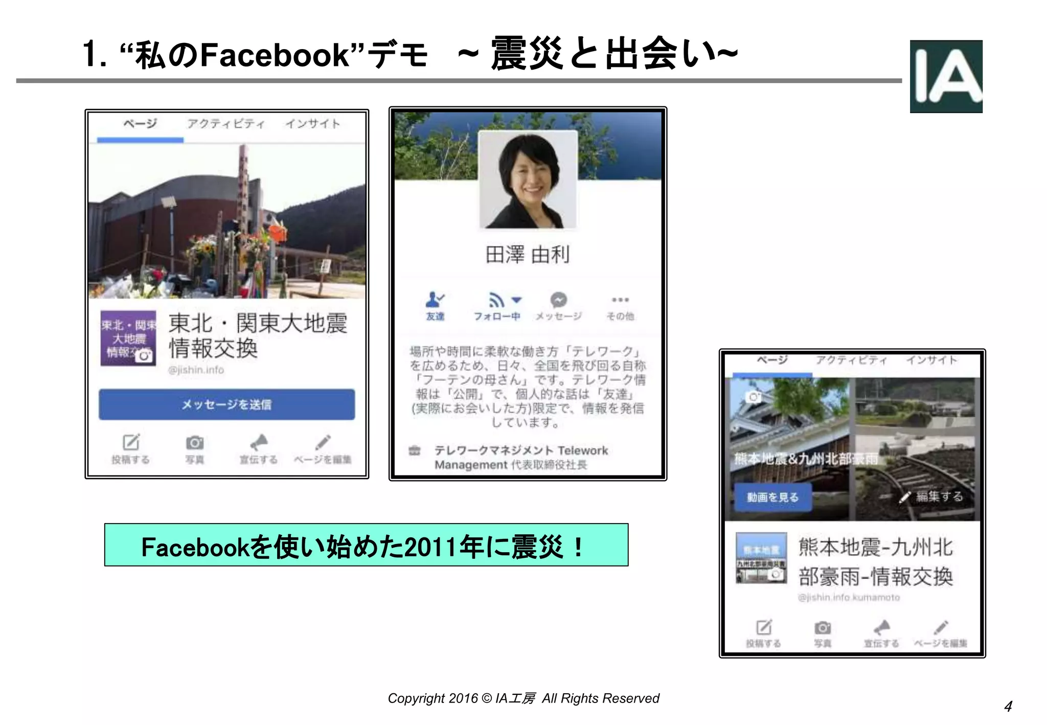 4
Copyright 2016 © IA工房 All Rights Reserved
1. “私のFacebook”デモ ~ 震災と出会い~
Facebookを使い始めた2011年に震災！
 