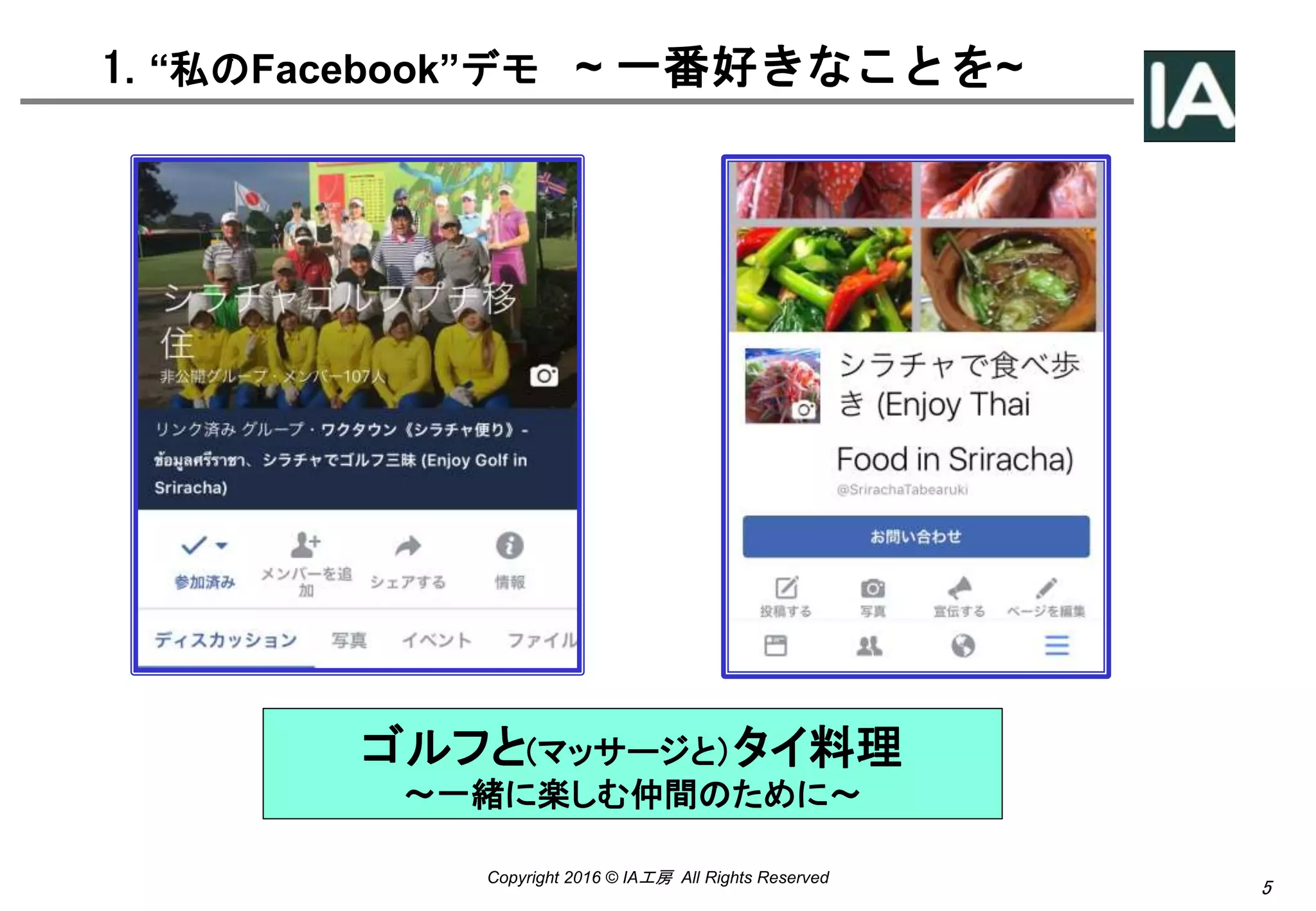 5
Copyright 2016 © IA工房 All Rights Reserved
1. “私のFacebook”デモ ~ 一番好きなことを~
ゴルフと(マッサージと）タイ料理
〜一緒に楽しむ仲間のために〜
 