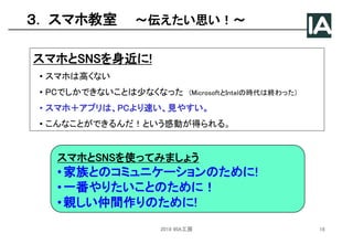 ３. スマホ教室 〜伝えたい思い！〜
スマホとSNSを身近に!
• スマホは高くない
• PCでしかできないことは少なくなった (MicrosoftとIntelの時代は終わった)
• スマホ＋アプリは、PCより速い、見やすい。
• こんなことができるんだ！という感動が得られる。
スマホとSNSを使ってみましょう
•家族とのコミュニケーションのために!
•一番やりたいことのために！
•親しい仲間作りのために!
2019 @IA工房 16
 