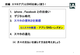前編 スマホアプリとSNSを楽しく使う！
1. iphone , Facebook との出会い
2. デジタル時代
3. スマホの便利さを実感
4. スマホの進化
ミニスマホ教室 - アプリ/SNSハンズオン
(*) 月々の支払いを減らす方法を考えましょう
2019 @IA工房
7
 