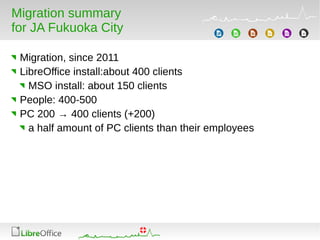 Migration summary
for JA Fukuoka City
Migration, since 2011
LibreOffice install:about 400 clients
MSO install: about 150 clients
People: 400-500
PC 200 → 400 clients (+200)
a half amount of PC clients than their employees
 