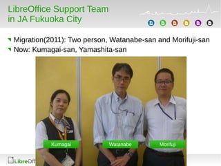 LibreOffice Support Team
in JA Fukuoka City
Migration(2011): Two person, Watanabe-san and Morifuji-san
Now: Kumagai-san, Yamashita-san
Kumagai Watanabe Morifuji
 