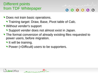 Different points
from TDF Whitepaper
Does not train basic operations.
Training target: Draw, Base, Pivot table of Calc.
Without vender's support
Support vender does not almost exist in Japan.
The format conversion of already existing files requested to
power users, before migration.
It will be training.
Power (=Difficult) users to be supporters.
 