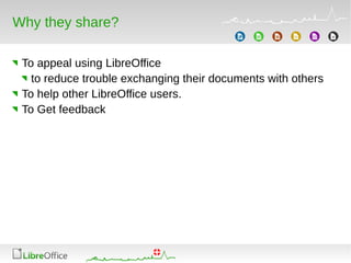 Why they share?
To appeal using LibreOffice
to reduce trouble exchanging their documents with others
To help other LibreOffice users.
To Get feedback
 