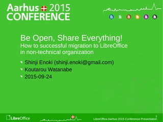 1
LibreOffice Aarhus 2015 Conference Presentation
Be Open, Share Everything!
How to successful migration to LibreOffice
in non-technical organization
Shinji Enoki (shinji.enoki@gmail.com)
Koutarou Watanabe
2015-09-24
 
