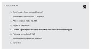 1. English press release approved internally
2. Press release translated into 12 languages
3. Pitch to selected media incl. T&R
4. Update of stakeholders
5. LAUNCH – global press release to relevant on- and offline media and bloggers
6. Follow-up on media incl. T&R
7. Seeding to ambassadors and other VIPs
8. Newsletter
CAMPAIGN PLAN
 
