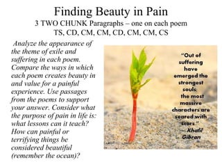 Finding Beauty in Pain
3 TWO CHUNK Paragraphs – one on each poem
TS, CD, CM, CM, CD, CM, CM, CS
Analyze the appearance of
the theme of exile and
suffering in each poem.
Compare the ways in which
each poem creates beauty in
and value for a painful
experience. Use passages
from the poems to support
your answer. Consider what
the purpose of pain in life is:
what lessons can it teach?
How can painful or
terrifying things be
considered beautiful
(remember the ocean)?
 