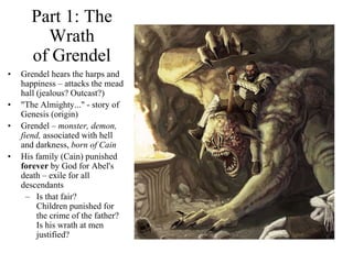 Part 1: The
Wrath
of Grendel
• Grendel hears the harps and
happiness – attacks the mead
hall (jealous? Outcast?)
• "The Almighty..." - story of
Genesis (origin)
• Grendel – monster, demon,
fiend, associated with hell
and darkness, born of Cain
• His family (Cain) punished
forever by God for Abel's
death – exile for all
descendants
– Is that fair?
Children punished for
the crime of the father?
Is his wrath at men
justified?
 