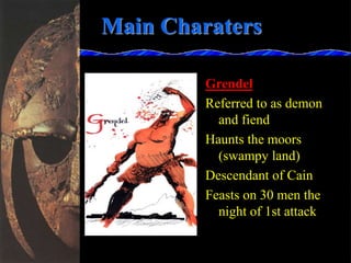 Main Charaters
Grendel
Referred to as demon
and fiend
Haunts the moors
(swampy land)
Descendant of Cain
Feasts on 30 men the
night of 1st attack
 
