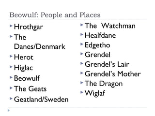 Beowulf: People and Places
 Hrothgar           The  Watchman
 The                Healfdane

  Danes/Denmark      Edgetho

 Herot              Grendel
                     Grendel’s Lair
 Higlac
                     Grendel’s Mother
 Beowulf
                     The Dragon
 The Geats
                     Wiglaf
 Geatland/Sweden
 