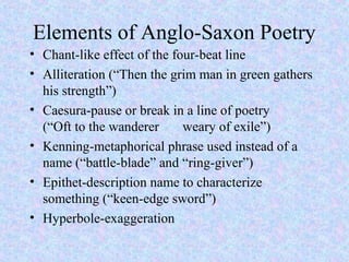 Elements of Anglo-Saxon Poetry
• Chant-like effect of the four-beat line
• Alliteration (“Then the grim man in green gathers
his strength”)
• Caesura-pause or break in a line of poetry
(“Oft to the wanderer weary of exile”)
• Kenning-metaphorical phrase used instead of a
name (“battle-blade” and “ring-giver”)
• Epithet-description name to characterize
something (“keen-edge sword”)
• Hyperbole-exaggeration
 