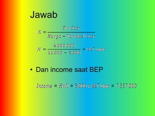 Jawab 
• Dan income saat BEP 
 
