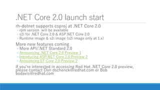 .NET Core 2.0 launch start today!
rh-dotnet supports csproj at .NET Core 2.0
◦ rpm version will be available
◦ s2i for .NET Core 2.0 & ASP.NET Core 2.0
◦ Runtime image & s2i image (s2i image only at 1.x)
More new features coming
◦ Announcing .NET Standard 2.0
◦ Announcing .NET Core 2.0
◦ Introducing ASP.NET Core 2.0
◦ Announcing Entity Framework Core 2.0
 