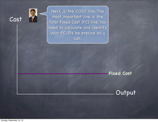 Cost

Next, is the COST line. The
most important line is the
Total Fixed Cost (FC) line. You
need to calculate and identify
your FC. Pls be precise as u
can.

Fixed Cost

Output

Sunday, December 15, 13

 