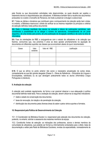 BE/CRE – Política de Desenvolvimento da Colecção – 2009


pela Escola ou que documentem actividades nela desenvolvidas, os quais deverão ser sujeitos a
tratamento técnico e disponibilizados aos utilizadores. A Biblioteca também fará a recolha dos documentos
produzidos no e sobre o Concelho de Penacova, de modo a preservar e divulgar a cultura local.
8.7. Todas as ofertas e donativos que contribuam para o enriquecimento da colecção serão bem vindas,
no entanto, a Biblioteca reserva-se o direito de verificar se os mesmos respeitam os princípios e critérios
de selecção definidos nesta política documental.
8.8. Dado o interesse manifesto dos alunos na consulta e leitura de publicações periódicas, será
considerada a possibilidade de se alargar o número de assinaturas, nomeadamente de um jornal
desportivo, de uma revista para jovens, de uma publicação de divulgação científica e de outra na área de
informática.
8.9. Face às orientações da RBE e conjugando-as com o estudo de utilizadores e da colecção que
fizemos, concluímos que, nos próximos 4 anos se deve apostar prioritariamente na aquisição de
documentos em diferentes suportes nas classes que se encontram abaixo do que é recomendado:

        Classe               Valor       Valor ref. RBE                          Justificação
                           existente




8.10. O que se afirma no ponto anterior não exclui a necessária actualização de outras áreas,
nomeadamente as que têm grande desgaste (Classe 0 – Obras de Referência – Dicionários de Línguas e
Enciclopédias, sobretudo) ou as que abrangem praticamente todos os alunos (Informática Língua
Portuguesa e Literatura).


9. Avaliação da colecção


A colecção será avaliada regularmente, de forma a ser possível observar a sua adequação à política
documental definida neste texto. Para a avaliação da colecção, devem utilizar-se os seguintes indicadores:
  idade e estado de conservação dos documentos;
  taxas de renovação, de rotação e de penetração da colecção;
  distribuição dos documentos pelas diversas áreas do saber e pelos vários suportes e formatos.


10. Responsável pela Política de Desenvolvimento da Colecção


10.1. O Coordenador da Biblioteca Escolar é o responsável pela selecção dos documentos da colecção,
podendo, no entanto, solicitar a assessoria dos restantes membros da equipa.
10.2. Constituirão fontes de selecção: as indicações dos professores, alunos e demais membros da
comunidade de utilizadores, que poderão ser formal ou informalmente contactados para o efeito; listas de
documentação a editar pela Rede de Bibliotecas Escolares; revistas da especialidade, nomeadamente de


                                                Página 7 / 8
 