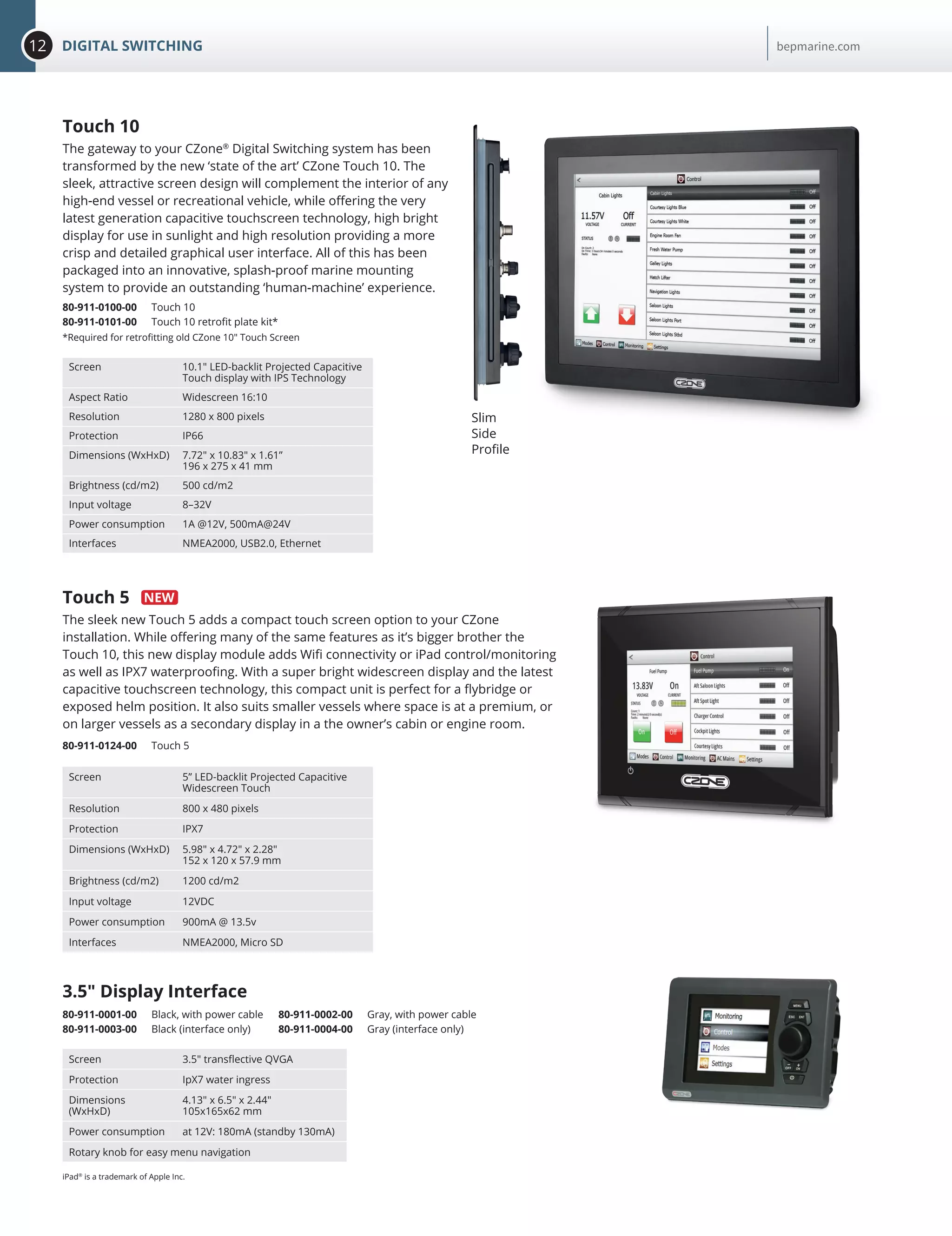 12 DIGITAL SWITCHING bepmarine.com
Touch 10
The gateway to your CZone®
Digital Switching system has been
transformed by the new ‘state of the art’ CZone Touch 10. The
sleek, attractive screen design will complement the interior of any
high-end vessel or recreational vehicle, while offering the very
latest generation capacitive touchscreen technology, high bright
display for use in sunlight and high resolution providing a more
crisp and detailed graphical user interface. All of this has been
packaged into an innovative, splash-proof marine mounting
system to provide an outstanding ‘human-machine’ experience.
80-911-0100-00 Touch 10
80-911-0101-00 Touch 10 retrofit plate kit*
*Required for retrofitting old CZone 10" Touch Screen
Screen 10.1" LED-backlit Projected Capacitive
Touch display with IPS Technology
Aspect Ratio Widescreen 16:10
Resolution 1280 x 800 pixels
Protection IP66
Dimensions (WxHxD) 7.72" x 10.83" x 1.61”
196 x 275 x 41 mm
Brightness (cd/m2) 500 cd/m2
Input voltage 8–32V
Power consumption 1A @12V, 500mA@24V
Interfaces NMEA2000, USB2.0, Ethernet
Screen 5” LED-backlit Projected Capacitive
Widescreen Touch
Resolution 800 x 480 pixels
Protection IPX7
Dimensions (WxHxD) 5.98" x 4.72" x 2.28"
152 x 120 x 57.9 mm
Brightness (cd/m2) 1200 cd/m2
Input voltage 12VDC
Power consumption 900mA @ 13.5v
Interfaces NMEA2000, Micro SD
Touch 5
The sleek new Touch 5 adds a compact touch screen option to your CZone
installation. While offering many of the same features as it’s bigger brother the
Touch 10, this new display module adds Wifi connectivity or iPad control/monitoring
as well as IPX7 waterproofing. With a super bright widescreen display and the latest
capacitive touchscreen technology, this compact unit is perfect for a flybridge or
exposed helm position. It also suits smaller vessels where space is at a premium, or
on larger vessels as a secondary display in a the owner’s cabin or engine room.
80-911-0124-00 Touch 5
3.5" Display Interface
Screen 3.5" transflective QVGA
Protection IpX7 water ingress
Dimensions
(WxHxD)
4.13" x 6.5" x 2.44"
105x165x62 mm
Power consumption at 12V: 180mA (standby 130mA)
Rotary knob for easy menu navigation
80-911-0001-00 Black, with power cable
80-911-0003-00 Black (interface only)
80-911-0002-00 Gray, with power cable
80-911-0004-00 Gray (interface only)
Slim
Side
Profile
iPad®
is a trademark of Apple Inc.
 