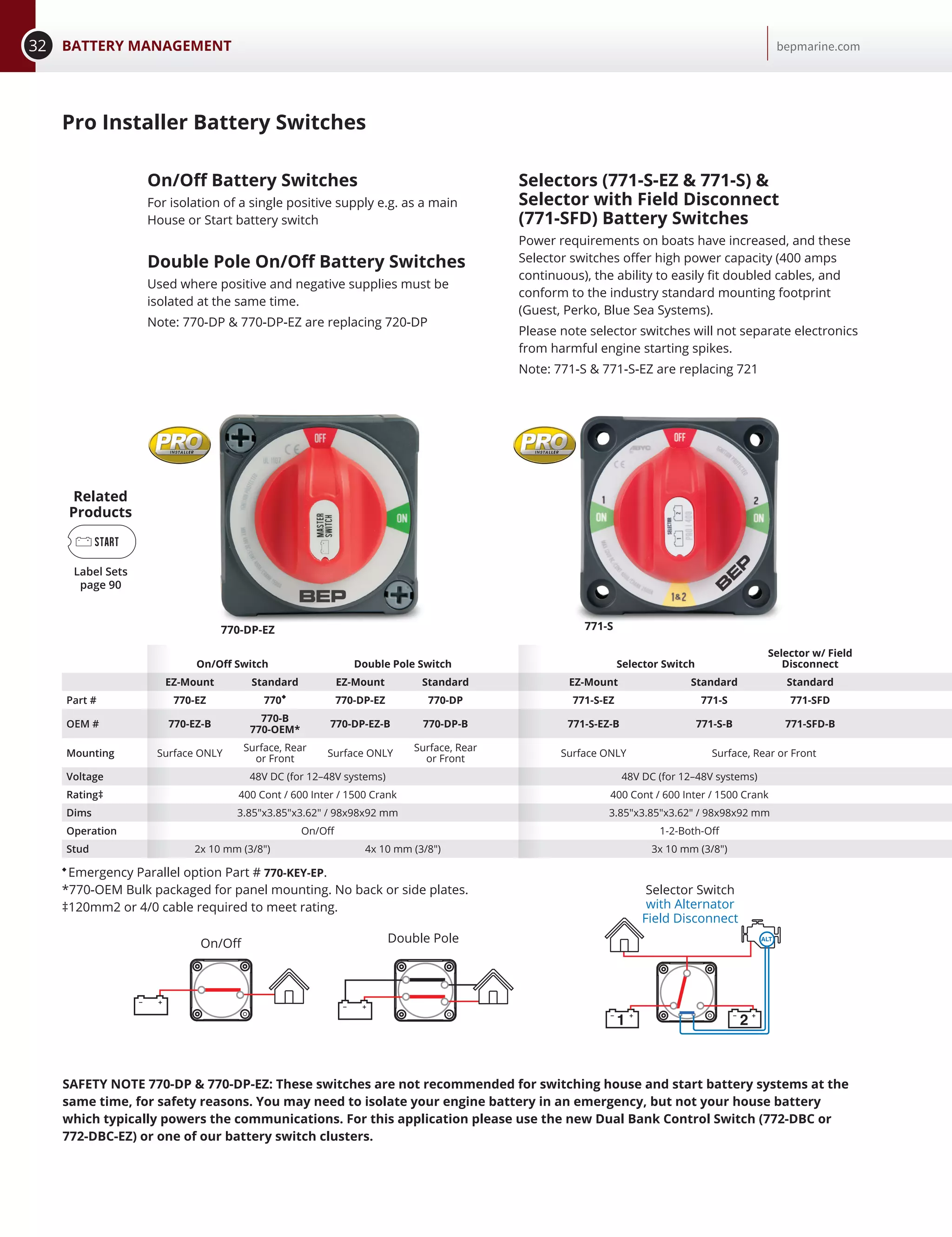 32 BATTERY MANAGEMENT bepmarine.com
On/Off Battery Switches
For isolation of a single positive supply e.g. as a main
House or Start battery switch
Double Pole On/Off Battery Switches
Used where positive and negative supplies must be
isolated at the same time.
Note: 770-DP  770-DP-EZ are replacing 720-DP
On/Off Double Pole
◆
Emergency Parallel option Part # 770-KEY-EP.
*770-OEM Bulk packaged for panel mounting. No back or side plates.
‡120mm2 or 4/0 cable required to meet rating.
On/Off Switch Double Pole Switch Selector Switch
Selector w/ Field
Disconnect
EZ-Mount Standard EZ-Mount Standard EZ-Mount Standard Standard
Part # 770-EZ 770◆
770-DP-EZ 770-DP 771-S-EZ 771-S 771-SFD
OEM # 770-EZ-B
770-B
770-OEM*
770-DP-EZ-B 770-DP-B 771-S-EZ-B 771-S-B 771-SFD-B
Mounting Surface ONLY
Surface, Rear
or Front
Surface ONLY
Surface, Rear
or Front
Surface ONLY Surface, Rear or Front
Voltage 48V DC (for 12–48V systems) 48V DC (for 12–48V systems)
Rating‡ 400 Cont / 600 Inter / 1500 Crank 400 Cont / 600 Inter / 1500 Crank
Dims 3.85x3.85x3.62 / 98x98x92 mm 3.85x3.85x3.62 / 98x98x92 mm
Operation On/Off 1-2-Both-Off
Stud 2x 10 mm (3/8) 4x 10 mm (3/8) 3x 10 mm (3/8)
770-DP-EZ
Selectors (771-S-EZ  771-S) 
Selector with Field Disconnect
(771-SFD) Battery Switches
Power requirements on boats have increased, and these
Selector switches offer high power capacity (400 amps
continuous), the ability to easily fit doubled cables, and
conform to the industry standard mounting footprint
(Guest, Perko, Blue Sea Systems).
Please note selector switches will not separate electronics
from harmful engine starting spikes.
Note: 771-S  771-S-EZ are replacing 721
1 2
Selector Switch
with Alternator
Field Disconnect
771-S
Pro Installer Battery Switches
SAFETY NOTE 770-DP  770-DP-EZ: These switches are not recommended for switching house and start battery systems at the
same time, for safety reasons. You may need to isolate your engine battery in an emergency, but not your house battery
which typically powers the communications. For this application please use the new Dual Bank Control Switch (772-DBC or
772-DBC-EZ) or one of our battery switch clusters.
Related
Products
Label Sets
page 90
 