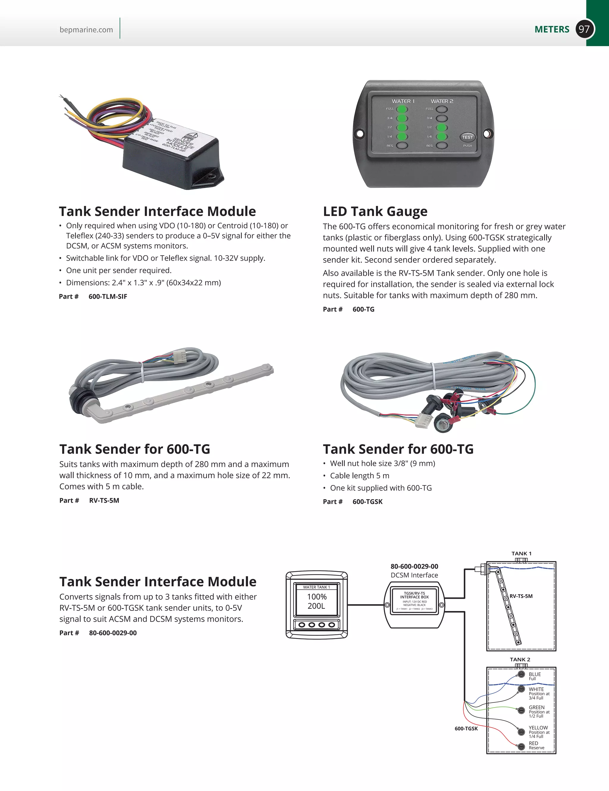 97METERSbepmarine.com
Tank Sender for 600-TG
•	 Well nut hole size 3/8 (9 mm)
•	 Cable length 5 m
•	 One kit supplied with 600-TG
Part # 600-TGSK
Tank Sender for 600-TG
Suits tanks with maximum depth of 280 mm and a maximum
wall thickness of 10 mm, and a maximum hole size of 22 mm.
Comes with 5 m cable.
Part # RV-TS-5M
Tank Sender Interface Module
Converts signals from up to 3 tanks fitted with either
RV-TS-5M or 600-TGSK tank sender units, to 0-5V
signal to suit ACSM and DCSM systems monitors.
Part # 80-600-0029-00
Tank Sender Interface Module
•	 Only required when using VDO (10-180) or Centroid (10-180) or
Teleflex (240-33) senders to produce a 0–5V signal for either the
DCSM, or ACSM systems monitors.
•	 Switchable link for VDO or Teleflex signal. 10-32V supply.
•	 One unit per sender required.
•	 Dimensions: 2.4 x 1.3 x .9 (60x34x22 mm)
Part # 600-TLM-SIF
LED Tank Gauge
The 600-TG offers economical monitoring for fresh or grey water
tanks (plastic or fiberglass only). Using 600-TGSK strategically
mounted well nuts will give 4 tank levels. Supplied with one
sender kit. Second sender ordered separately.
Also available is the RV-TS-5M Tank sender. Only one hole is
required for installation, the sender is sealed via external lock
nuts. Suitable for tanks with maximum depth of 280 mm.
Part # 600-TG
TANK 1
TANK 2
BLUE
Full
WHITE
Position at
3/4 Full
GREEN
Position at
1/2 Full
YELLOW
Position at
1/4 Full
RED
Reserve
WATER TANK 1
100%
200L
TGSK/RV-TS
INTERFACE BOX
INPUT: 12V DC RED
NEGATIVE: BLACK
J1 = TANK1 J2 = TANK2 J3 = TANK3
80-600-0029-00
DCSM Interface
RV-TS-5M
600-TGSK
 