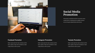 Social Media
Promotion
Youtube Promotion
Make a type specimen book unknown printer
took a galley of type and scrambled to make
a type process centric pursue.
Instagram Promotion
Make a type specimen book unknown printer
took a galley of type and scrambled to make
a type process centric pursue.
Facebook Promotion
Make a type specimen book unknown printer
took a galley of type and scrambled to make
a type process centric pursue.
 