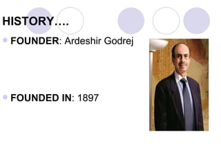 HISTORY….
   FOUNDER: Ardeshir Godrej




   FOUNDED IN: 1897
 