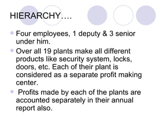 HIERARCHY….
 Four employees, 1 deputy & 3 senior
  under him.
 Over all 19 plants make all different
  products like security system, locks,
  doors, etc. Each of their plant is
  considered as a separate profit making
  center.
 Profits made by each of the plants are
  accounted separately in their annual
  report also.
 